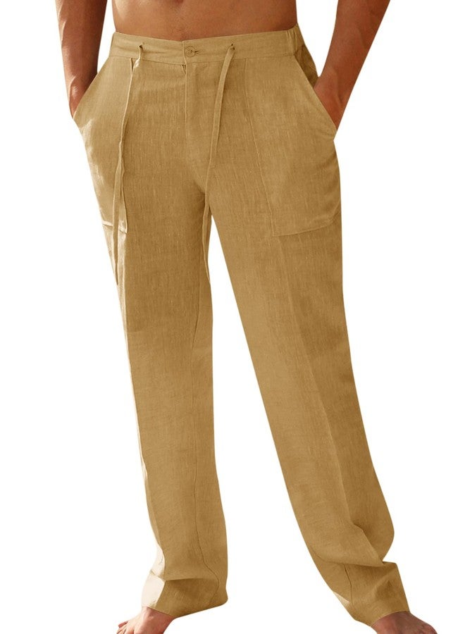 PASLTER Mens Casual Linen Pants Loose Fit Straight-Legs Elastic Drawstring Waist Summer Beach Yoga Long Pants A-Khaki - Image 1